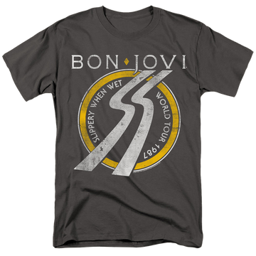 Charcoal men's regular fit t-shirt with Bon Jovi Slippery When Wet World Tour graphic