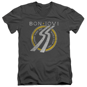 Charcoal men's v-neck t-shirt with Bon Jovi Slippery When Wet World Tour graphic