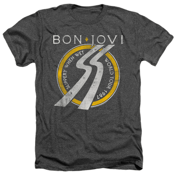 Charcoal men's heather t-shirt with Bon Jovi Slippery When Wet World Tour graphic