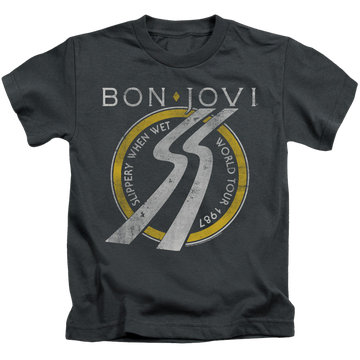 Charcoal kid's t-shirt for ages 4 to 7 with Bon Jovi Slippery When Wet World Tour graphic