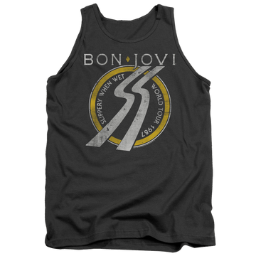 Charcoal men's tank with Bon Jovi Slippery When Wet World Tour graphic