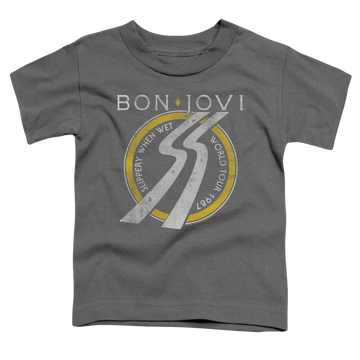 Charcoal toddler t-shirt with Bon Jovi Slippery When Wet World Tour graphic