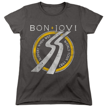 Charcoal women's t-shirt with Bon Jovi Slippery When Wet World Tour graphic