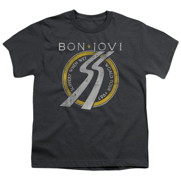 Charcoal youth t-shirt for ages 8 to 12 with Bon Jovi Slippery When Wet World Tour graphic
