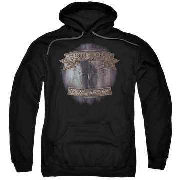 Black pullover hoodie with Bon Jovi New Jersey graphic
