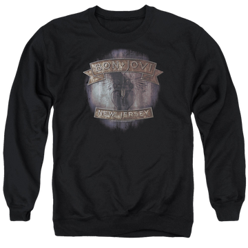 Black men's crewneck sweatshirt with Bon Jovi New Jersey graphic