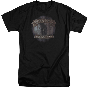 Black men's tall fit t-shirt with Bon Jovi New Jersey graphic