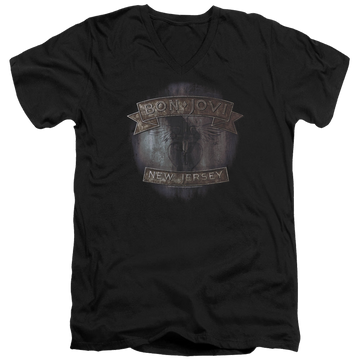 Black men's v-neck t-shirt with Bon Jovi New Jersey graphic