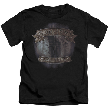 Black kid's t-shirt for ages 4 to 7 with Bon Jovi New Jersey graphic