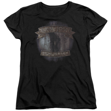 Black women's t-shirt with Bon Jovi New Jersey graphic