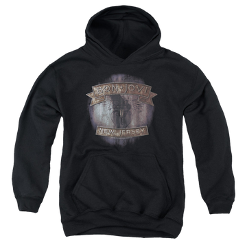 Black youth hoodie for ages 8 to 12 with Bon Jovi New Jersey graphic