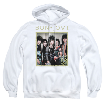 White pullover hoodie with Bon Jovi Framed graphic