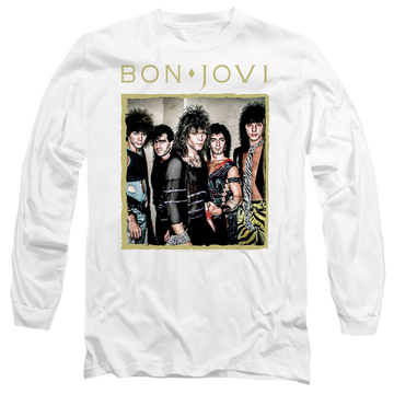 White men's long sleeve t-shirt with Bon Jovi Framed graphic