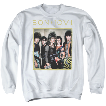 White men's crewneck sweatshirt with Bon Jovi Framed graphic