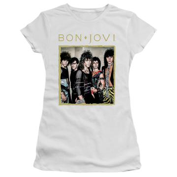 White juniors t-shirt with Bon Jovi Framed graphic