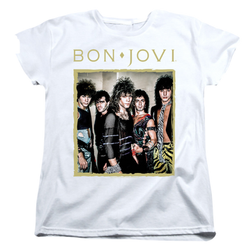 White women's t-shirt with Bon Jovi Framed graphic