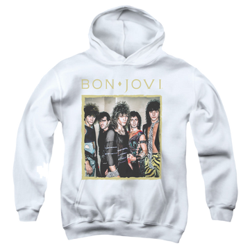White youth hoodie for ages 8 to 12 with Bon Jovi Framed graphic