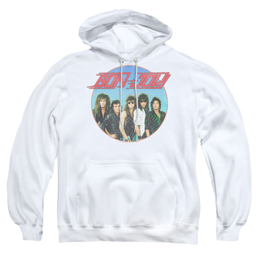 White pullover hoodie with Bon Jovi Bon Sphere graphic