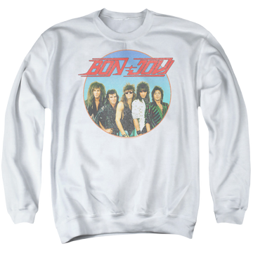 White men's crewneck sweatshirt with Bon Jovi Bon Sphere graphic