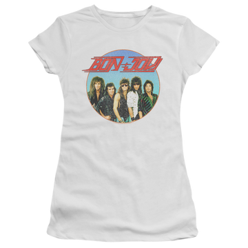 White juniors t-shirt with Bon Jovi Bon Sphere graphic