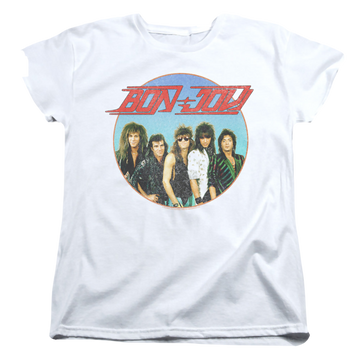 White women's t-shirt with Bon Jovi Bon Sphere graphic