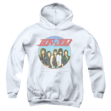 White youth hoodie for ages 8 to 12 with Bon Jovi Bon Sphere graphic