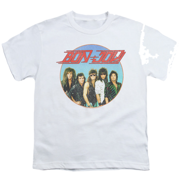 White youth t-shirt for ages 8 to 12 with Bon Jovi Bon Sphere graphic