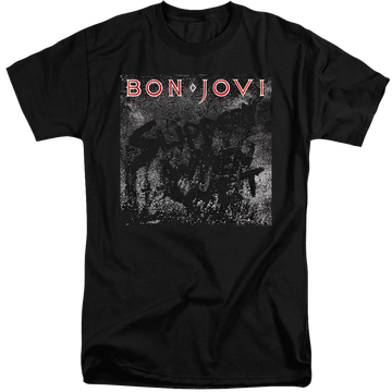 Black men's tall fit t-shirt with Bon Jovi Slippery Cover graphic