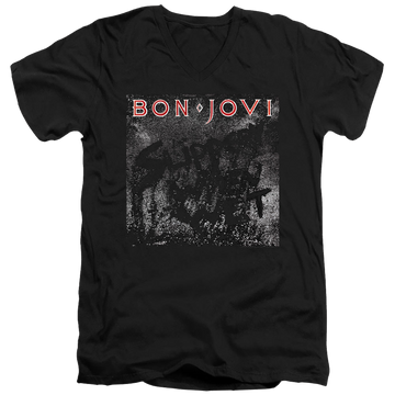 Black men's v-neck t-shirt with Bon Jovi Slippery Cover graphic