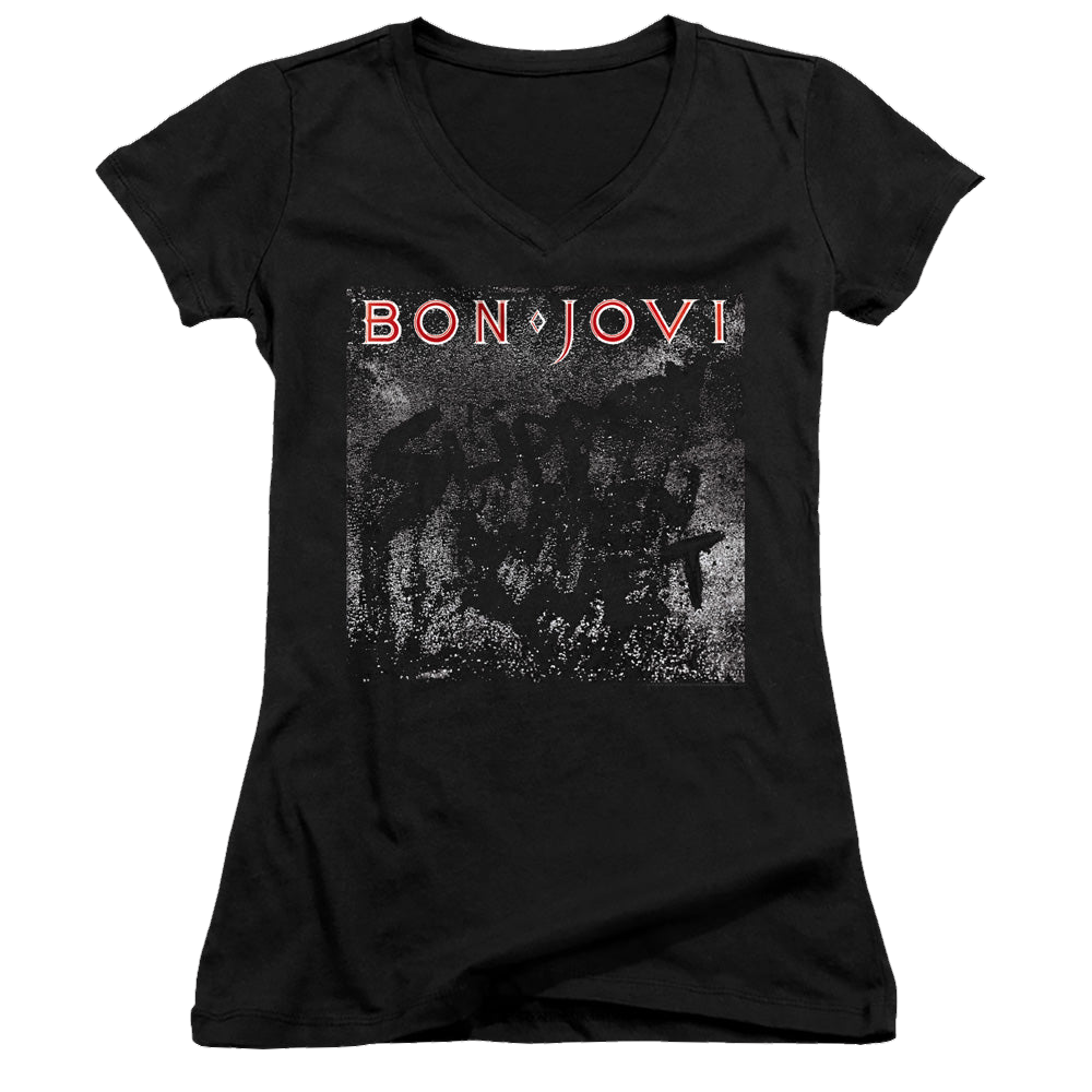 Bon Jovi Slippery Cover - Juniors V-Neck T-Shirt Juniors V-Neck T-Shirt Bon Jovi   
