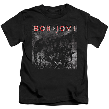 Black kid's t-shirt for ages 4 to 7 with Bon Jovi Slippery Cover graphic