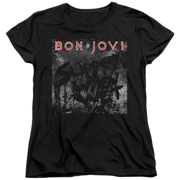 Black women's t-shirt with Bon Jovi Slippery Cover graphic