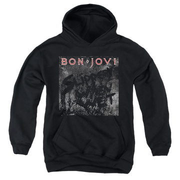 Black youth hoodie for ages 8 to 12 with Bon Jovi Slippery Cover graphic