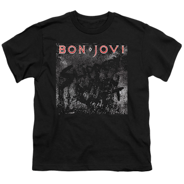 Black youth t-shirt for ages 8 to 12 with Bon Jovi Slippery Cover graphic