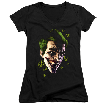 Black juniors v-neck t-shirt with Joker Grim graphic