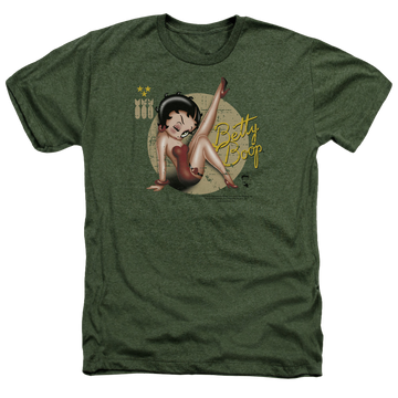 Military green men's heather t-shirt with Betty Boop Nose Art graphic
