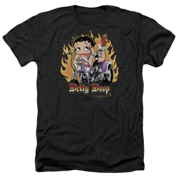 Charcoal men's heather t-shirt with Betty Boop Biker Flames Boop graphic