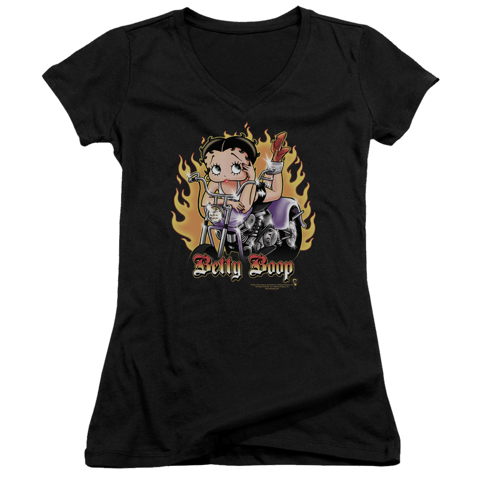 Betty Boop Biker Flames Boop - Juniors V-Neck T-Shirt Juniors V-Neck T-Shirt Betty Boop   