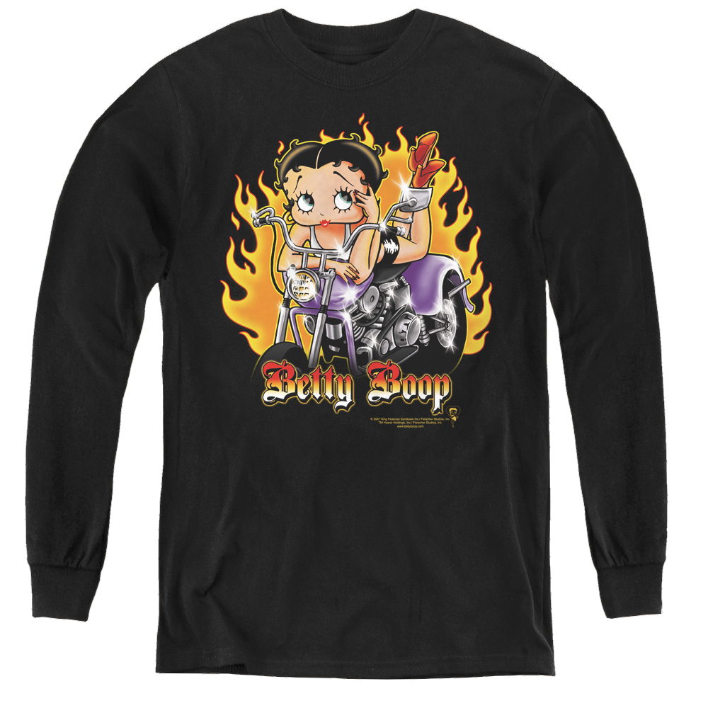 Betty Boop Biker Flames Boop - Youth Long Sleeve T-Shirt Youth Long Sleeve T-Shirt Betty Boop   