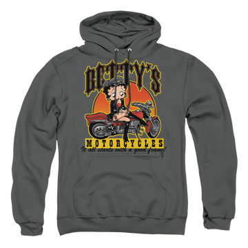 Charcoal pullover hoodie with Betty Boop Bettys Motorcycles graphic