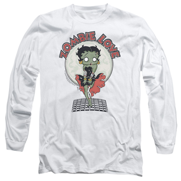 White men's long sleeve t-shirt with Betty Boop Breezy Zombie Love graphic