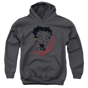 Charcoal youth hoodie for ages 8 to 12 with Betty Boop Classic Zombie graphic