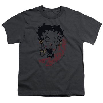 Charcoal youth t-shirt for ages 8 to 12 with Betty Boop Classic Zombie graphic