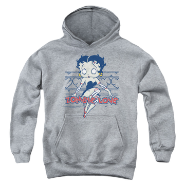 Athletic heather youth hoodie for ages 8 to 12 with Betty Boop Zombie Pinup graphic