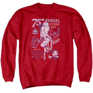 Red men's crewneck sweatshirt with Betty Boop Boop Ball graphic