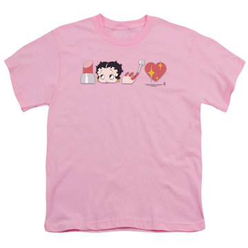 Pink youth t-shirt for ages 8 to 12 with Betty Boop Symbols graphic