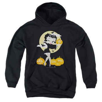 Black youth hoodie for ages 8 to 12 with Betty Boop Vamp Pumkins graphic