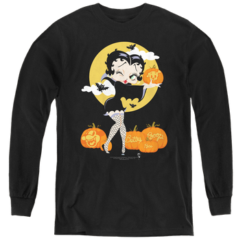 Black youth long sleeve t-shirt with Betty Boop Vamp Pumkins graphic