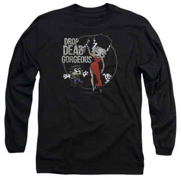 Black men's long sleeve t-shirt with Betty Boop Drop Dead Gorgeous graphic