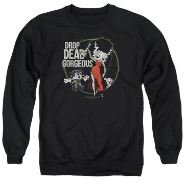 Black men's crewneck sweatshirt with Betty Boop Drop Dead Gorgeous graphic